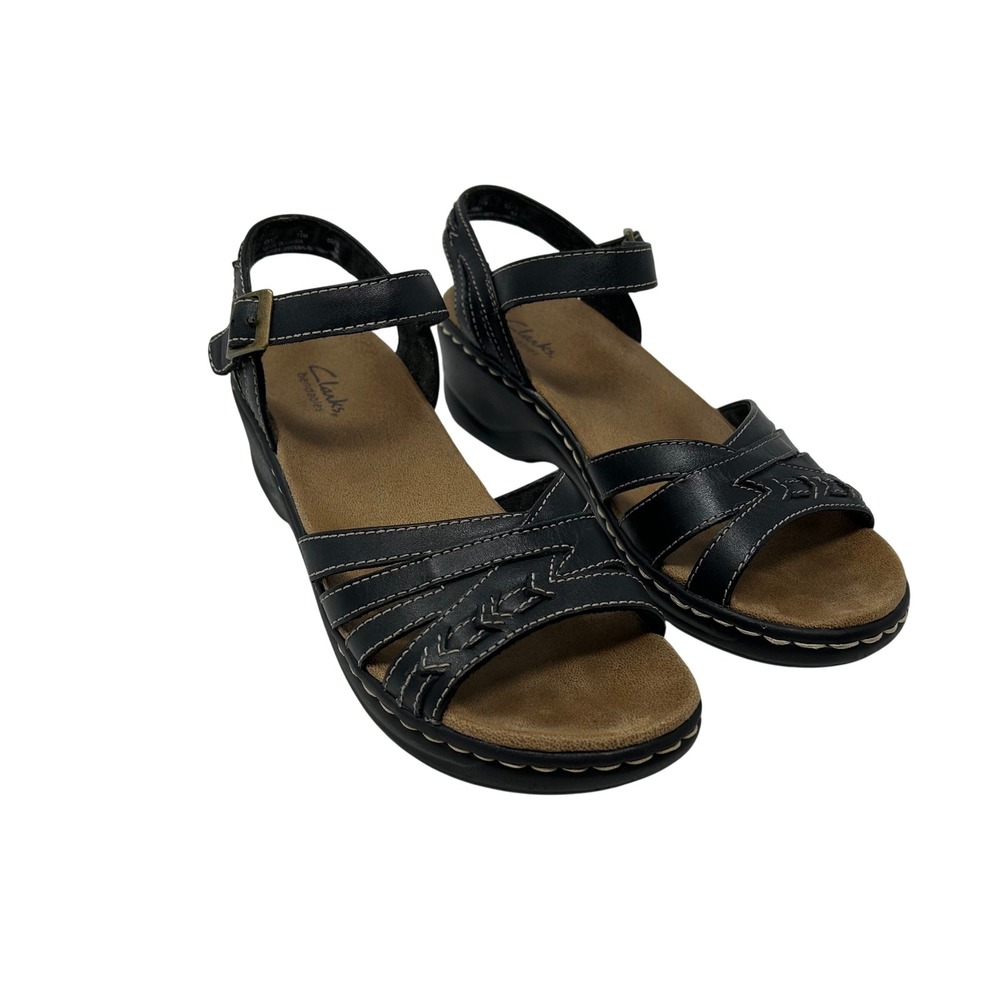 Clarks Bendables Black Leather Wedge Sandals Strappy Ankle Strap Womens 7.5 - Picture 1 of 14